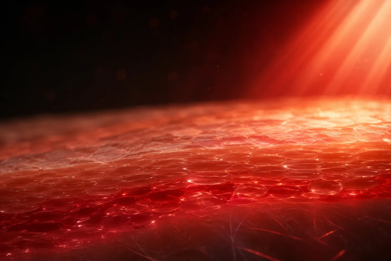 Close-up of skin regenerating under red light therapy