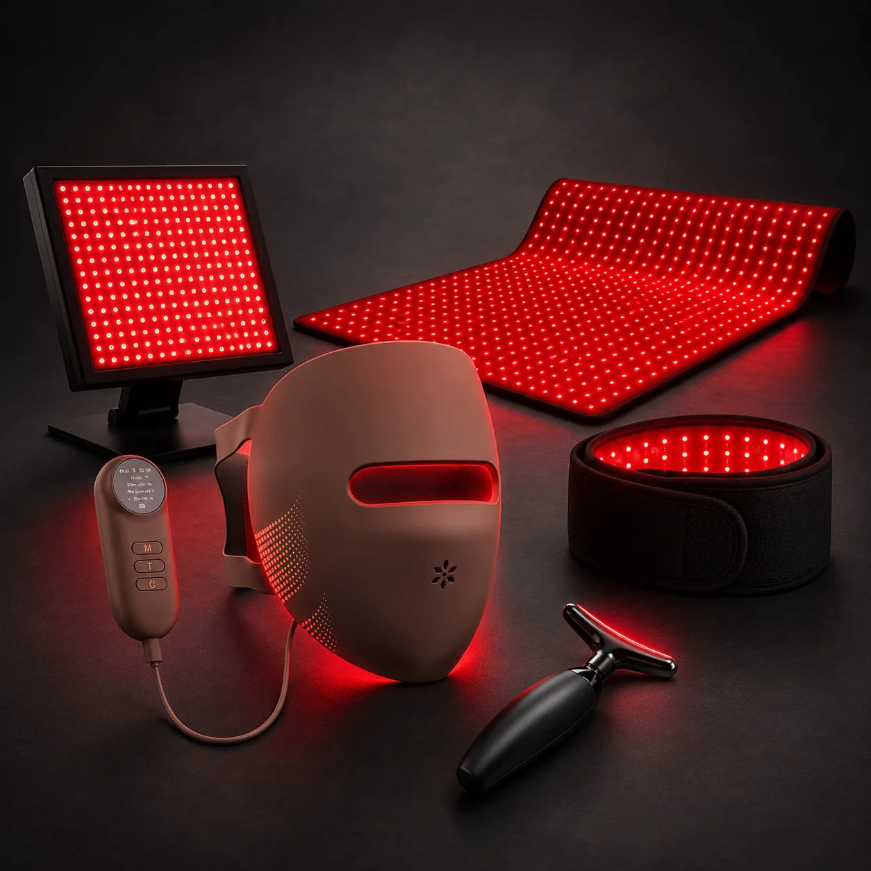 The full Lumovex red light therapy range - LED face mask, panel, recovery mat, therapy belt and sculpt wand