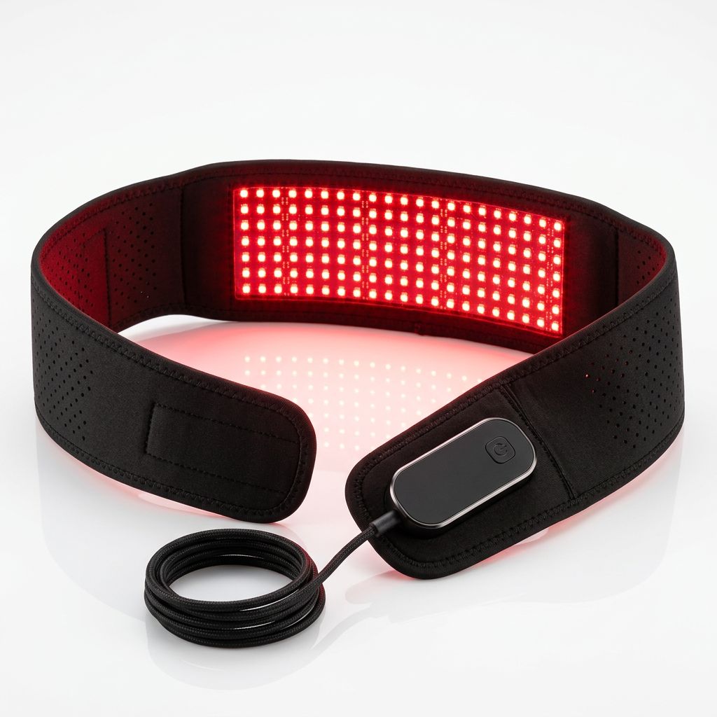 Lumovex red light therapy belt close-up showing flexible USB-C rechargeable wearable design