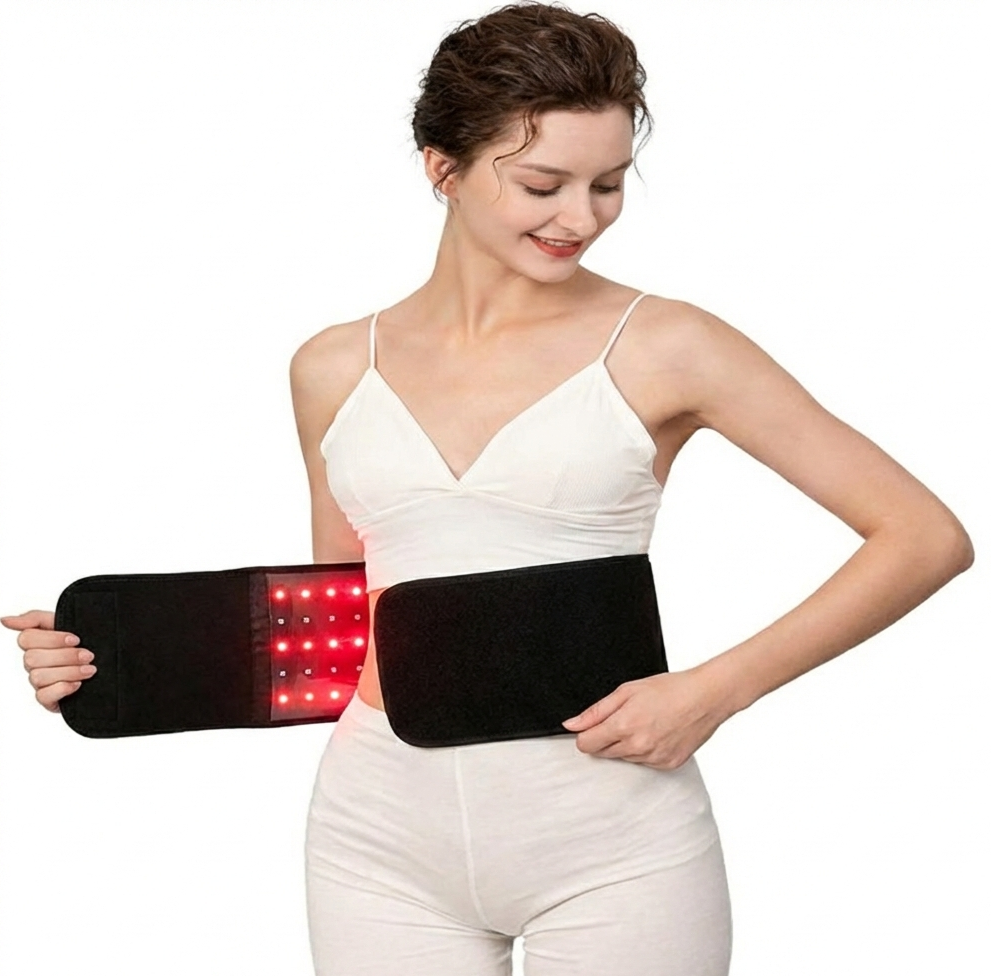 Woman wearing a red light therapy belt on a white background