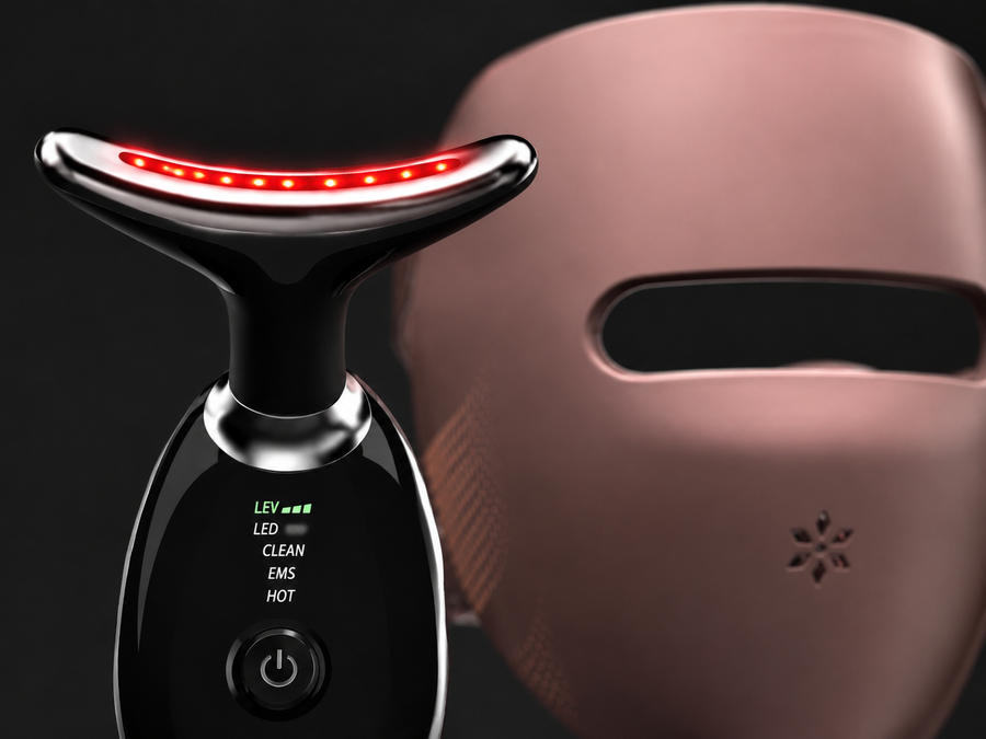 Close-up of the Lumovex Sculpt wand red LED head and Spectrum Pro mask silicone