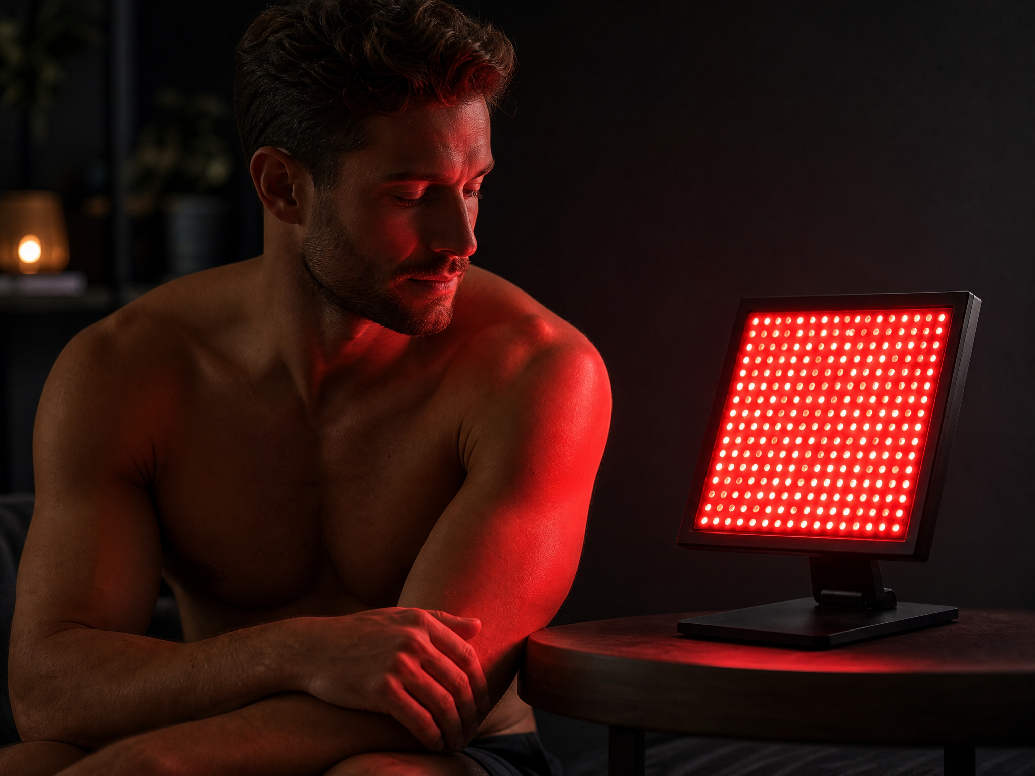 Athlete recovering with the Lumovex Pro Panel 540 red light therapy panel