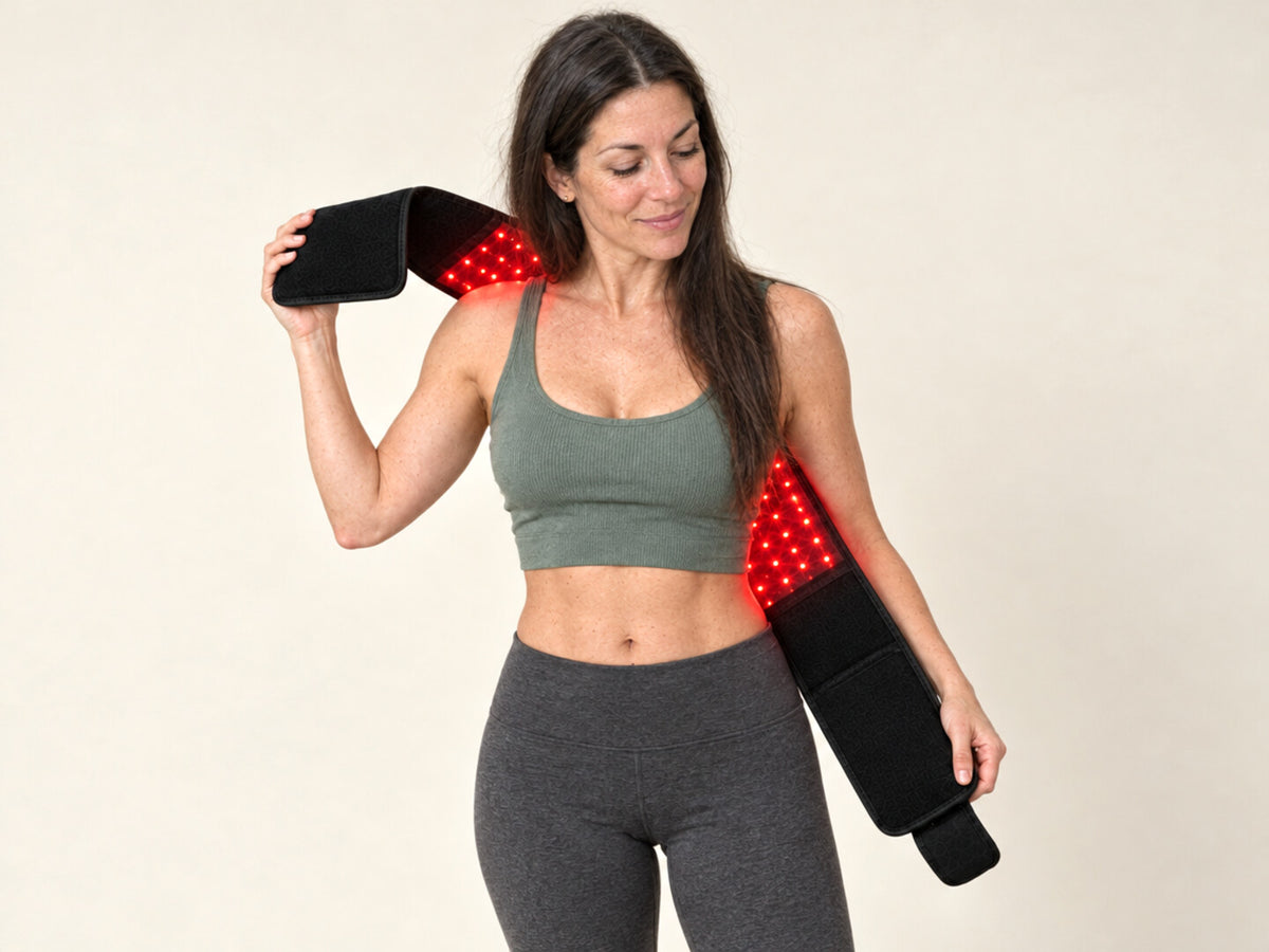 Woman holding the Lumovex red light therapy belt over her bare shoulder, its red and near-infrared LEDs glowing on the inner side