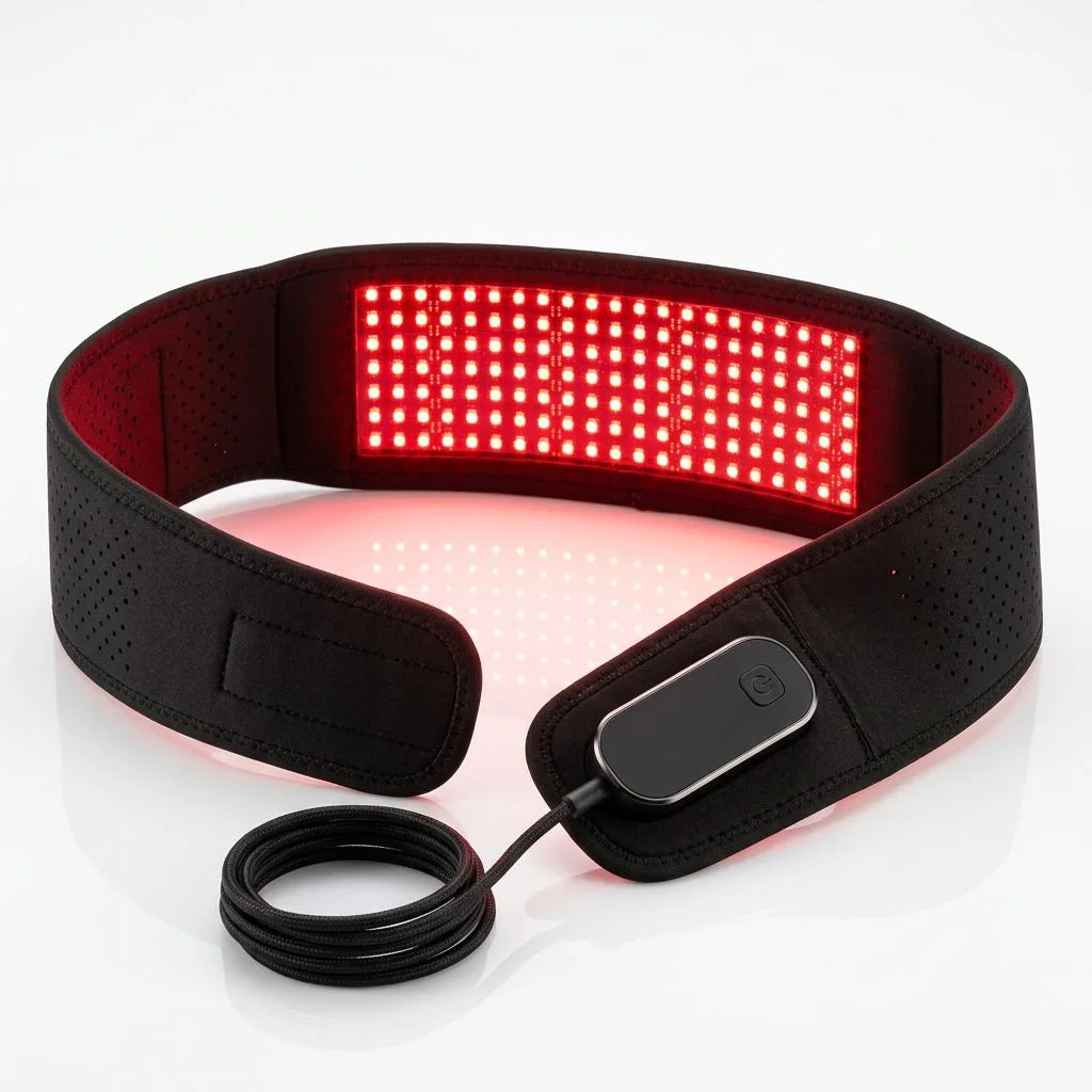 Lumovex red light therapy belt close-up showing flexible USB-C rechargeable wearable design