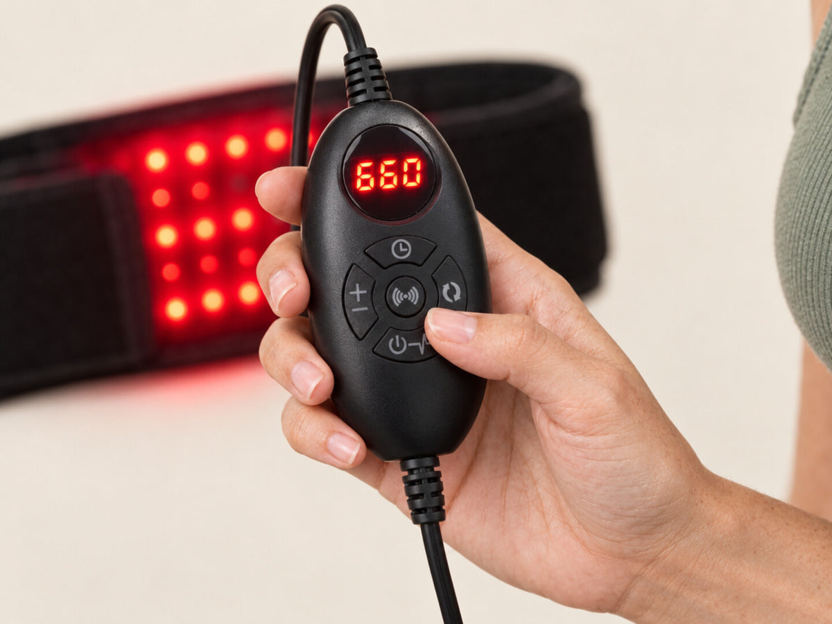 Hand holding the Lumovex red light therapy belt controller, with LED display showing 660nm and buttons for timer, mode, brightness and massage