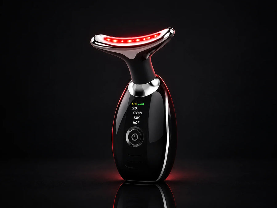 Lumovex Sculpt Wand in black with silver curved LED head and control labels, shown on a dark background