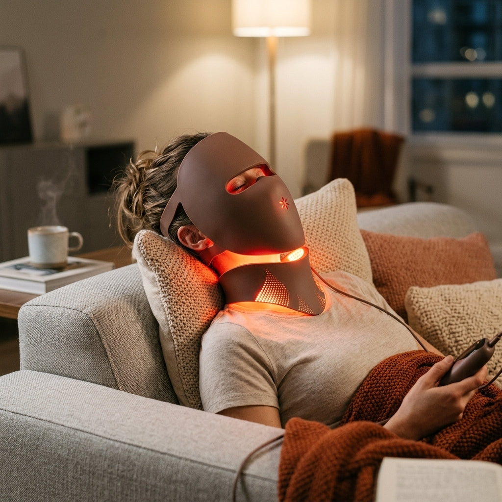 Woman wearing Lumovex Mask + Neck during red light therapy session