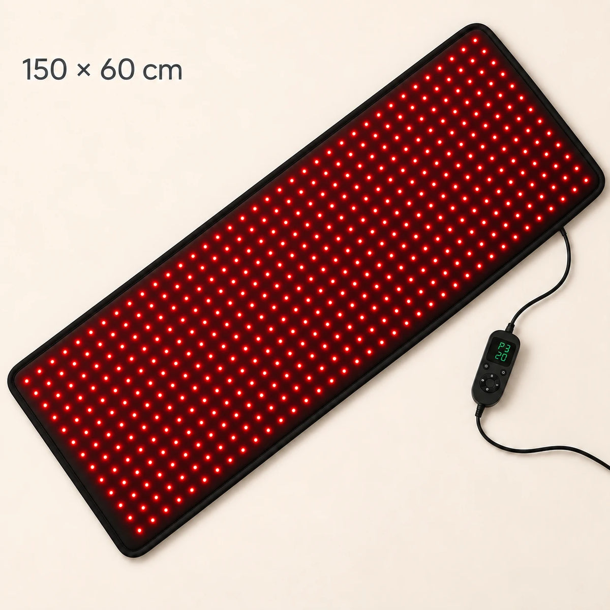 Illustration of the Lumovex Total Recovery Mat with glowing red LEDs and wired controller, labelled 150 × 60 cm.