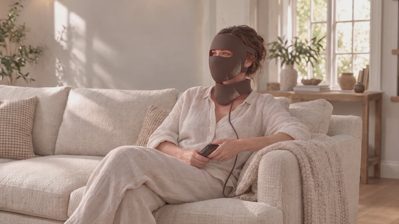 Woman relaxing on a sofa wearing the Lumovex Spectrum Pro mask and neck red light therapy device