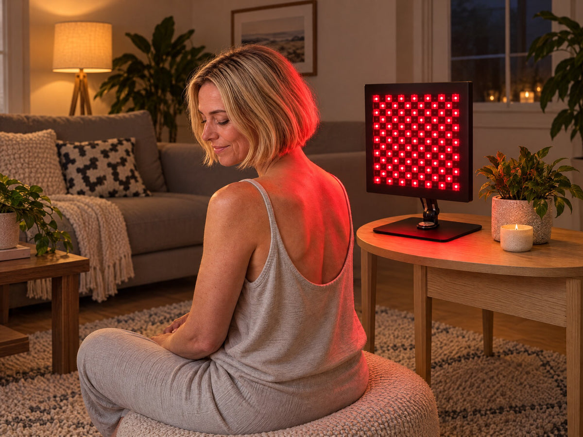Woman sitting with her back to the Lumovex Pro Panel 540 during a red light session at home
