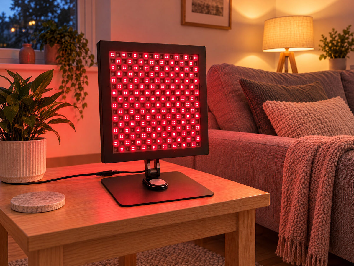Lumovex Pro Panel 540 red light therapy panel switched on, on a side table in a living room
