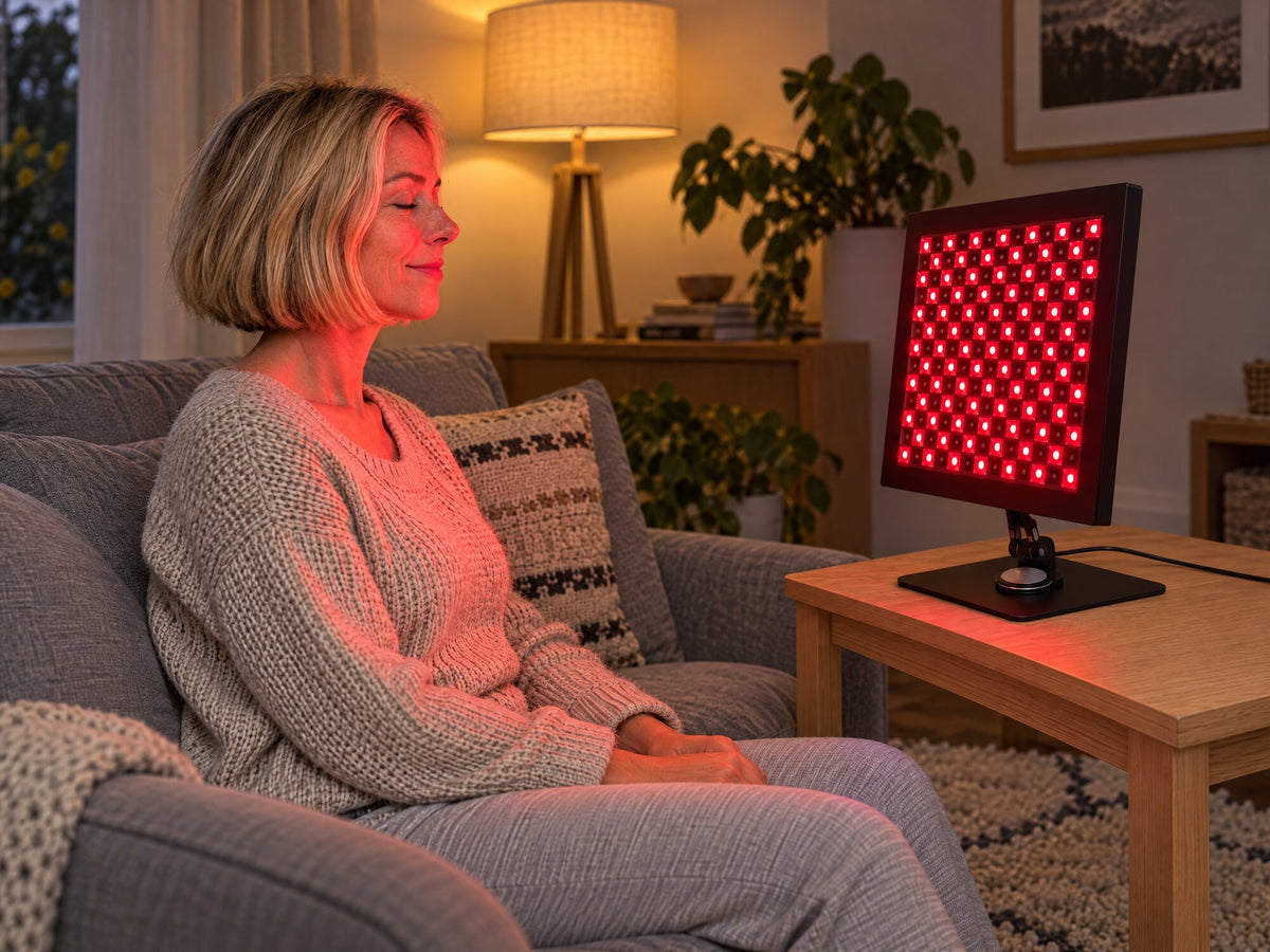 Woman relaxing on a sofa beside the Lumovex Pro Panel 540 on a side table, red light on her face