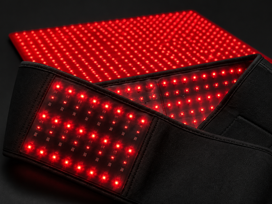 Close-up of the Lumovex red light therapy belt LEDs and recovery mat surface