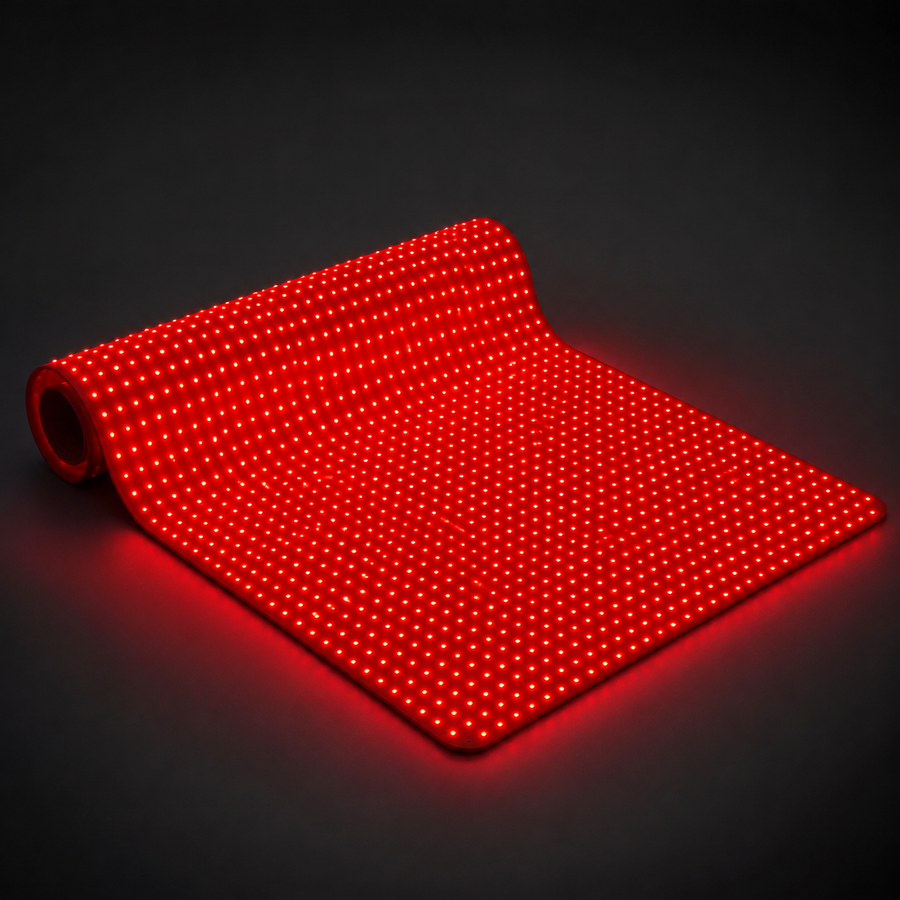 Lumovex Total Recovery Mat shown flat with one end rolled up to show the flexible roll-out LED surface