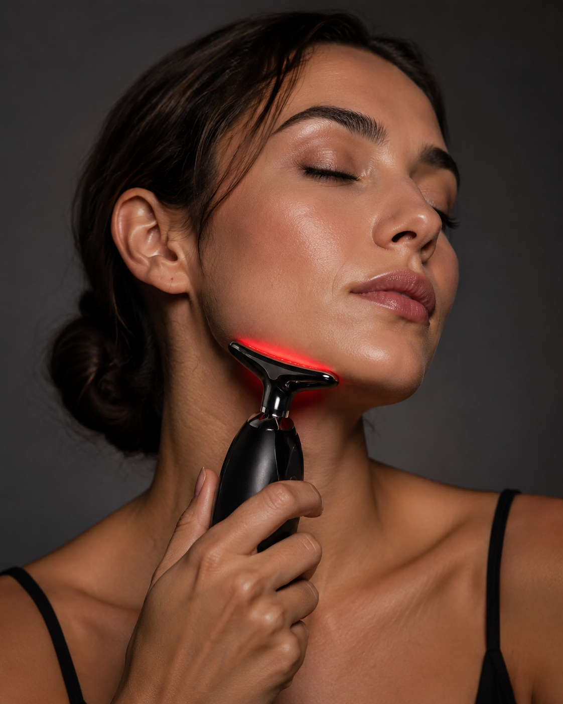 Woman applying the Lumovex Sculpt Wand to her jawline in an editorial close-up