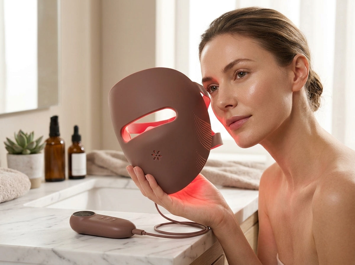woman in a bathroom setting holding the red light therapy mask 